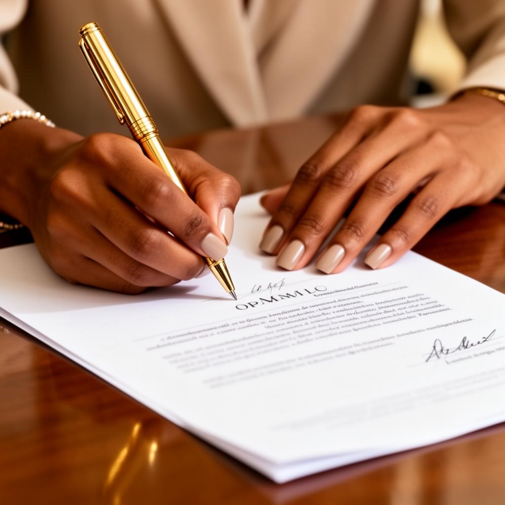 Notary signing a document with a gold pen